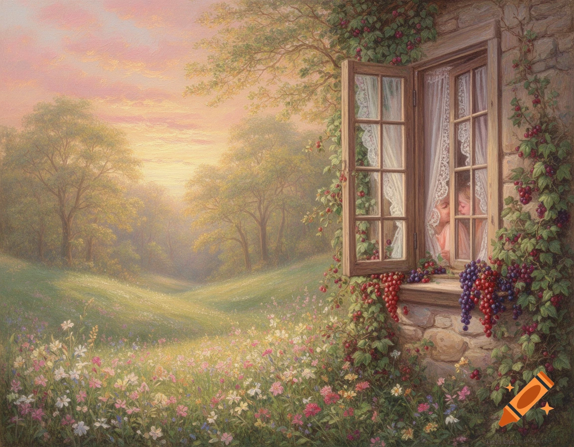 A rustic window of a stone cottage, adorned with vines and berries, overlooks a sunlit meadow filled with wildflowers and trees. Two figures are faintly visible through the window.