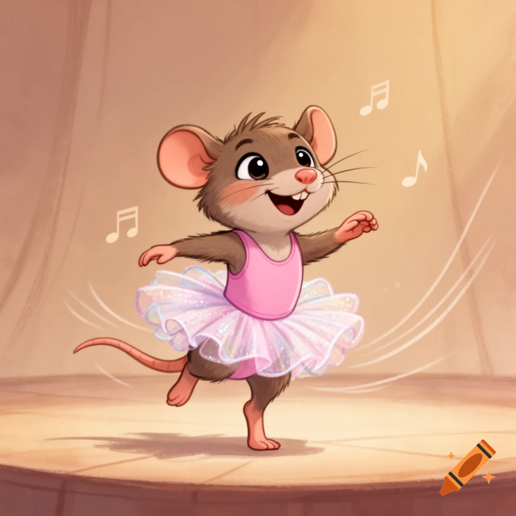 A happy brown cartoon mouse with big ears, wearing a pink leotard and a sparkly white tutu, dances gracefully on a stage with musical notes floating around it.