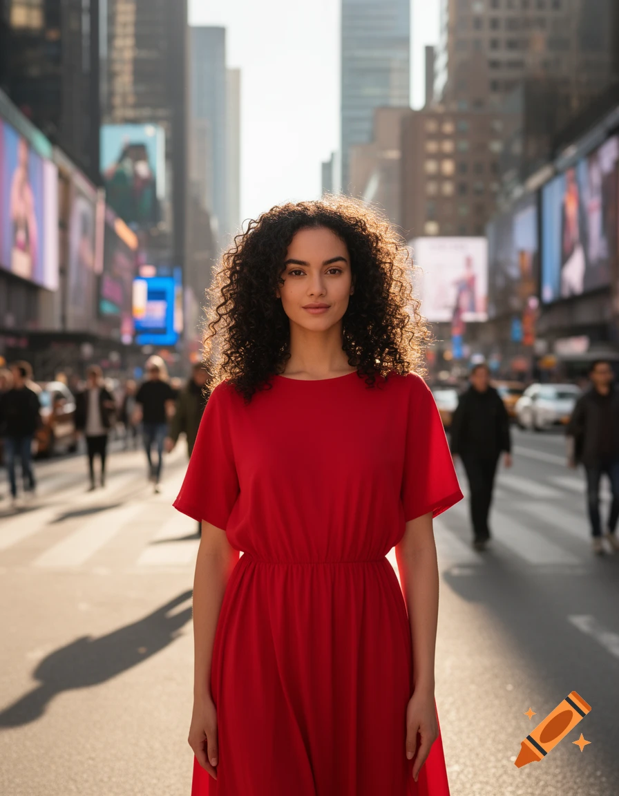 A woman with curly hair wearing a casual red dress stands centered on a ...