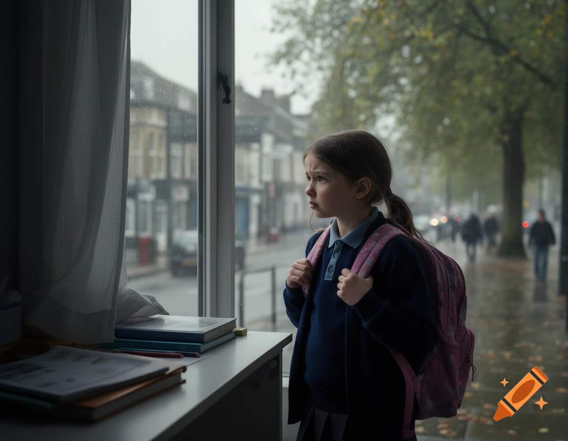 A young girl in a school uniform and pink backpack looks out a window sadly on a rainy day.