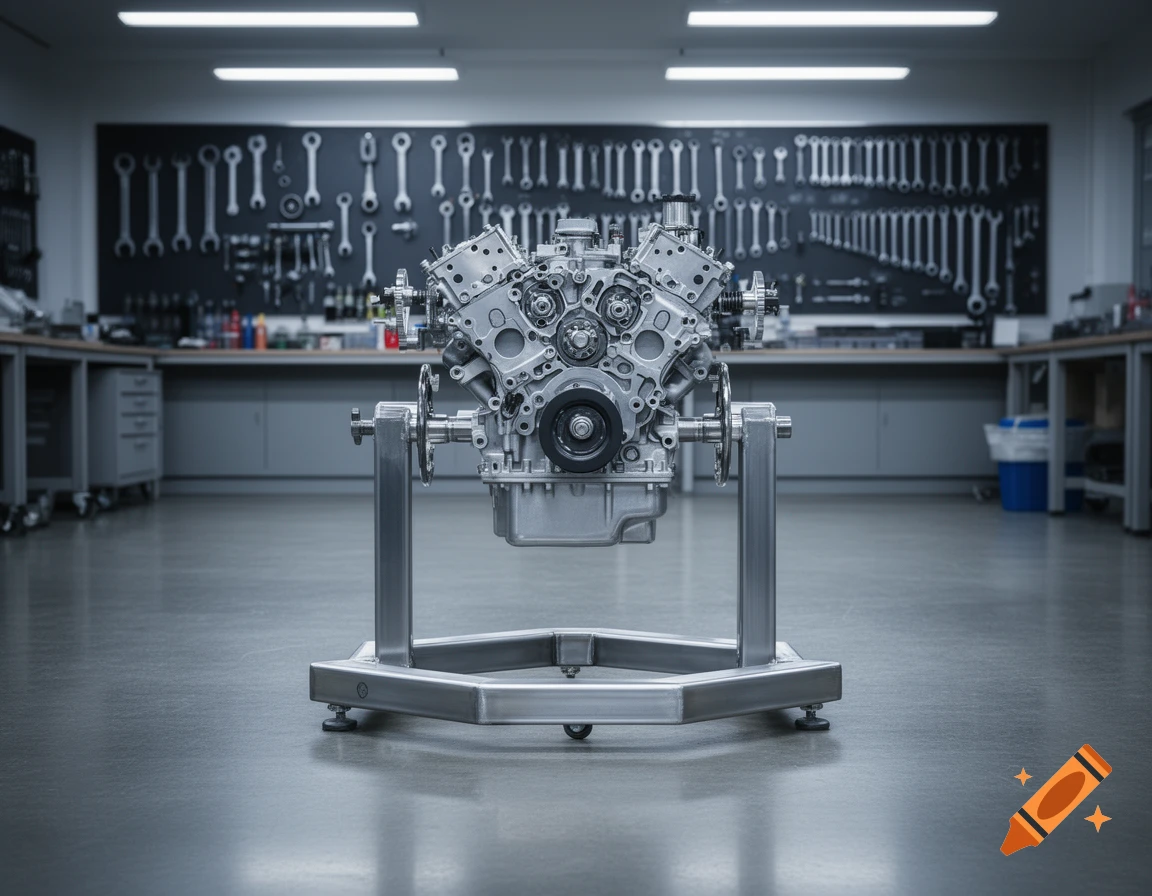 A detailed, photorealistic V-engine on a metal stand in a clean, modern workshop with tools displayed on a black wall.