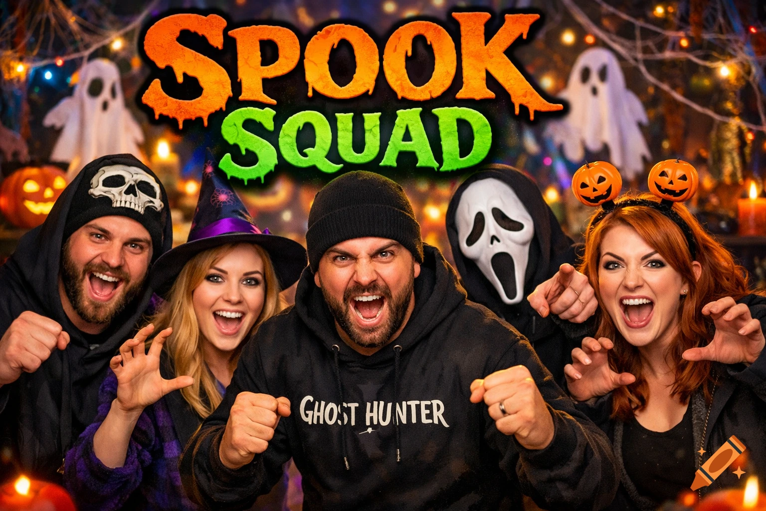 Five people in Halloween costumes, including a witch hat, skull beanie, and Ghostface mask, pose under 'SPOOK SQUAD' text.