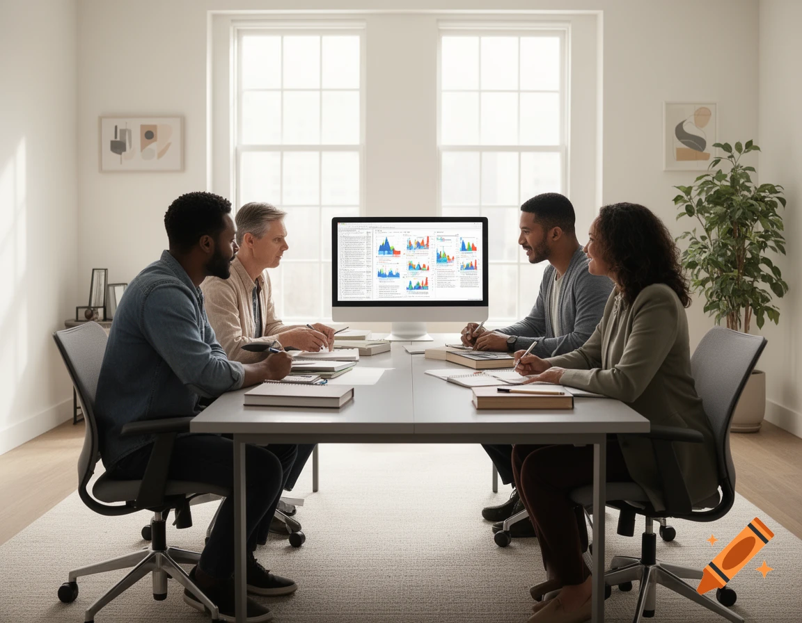 Four diverse professionals collaborate around a computer displaying ...