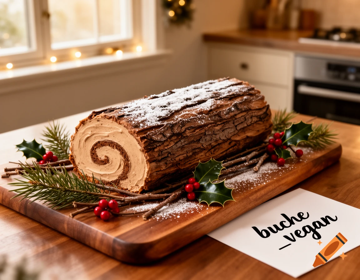 Photorealistic Yule log cake on a wooden board, garnished with powdered sugar, pine, and holly, with a card reading 'buche_vegan'.