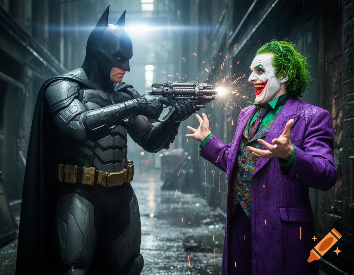Photorealistic image of Batman in an armored suit shooting sparks from a gun at a gleefully laughing Joker in a rainy alley.