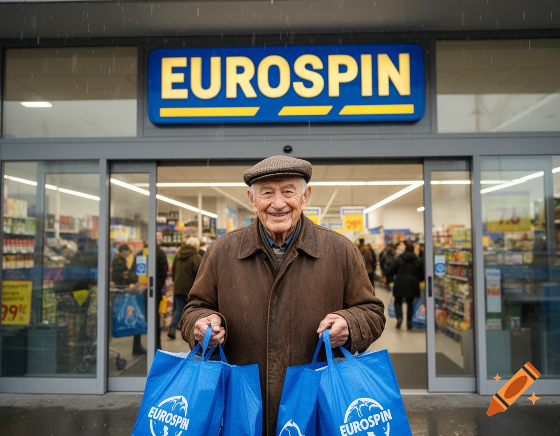 A smiling elderly man holding two blue Eurospin shopping bags stands in front of a Eurospin supermarket entrance on a rainy day.