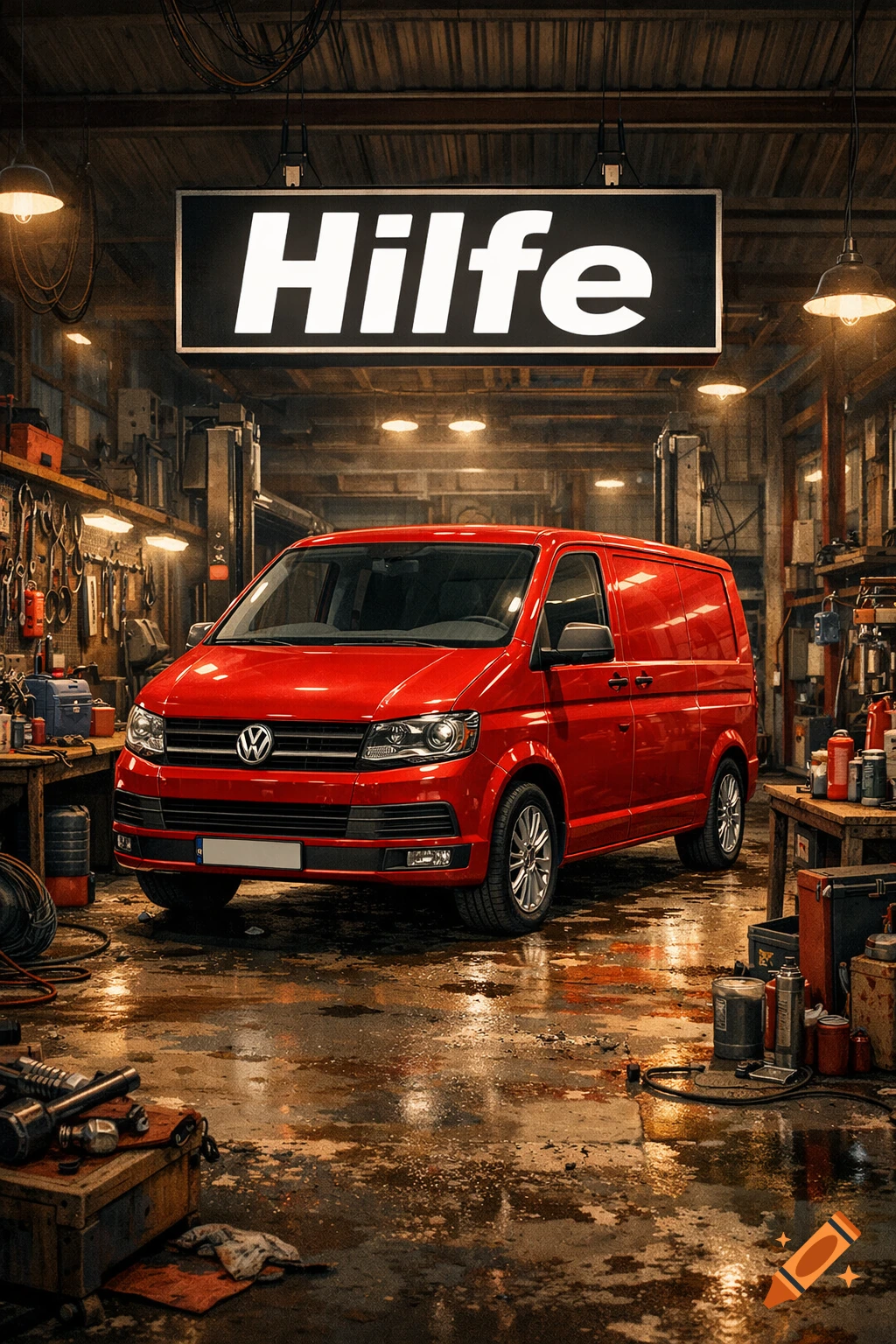 Red Volkswagen van parked in a gritty, well-lit garage under a sign reading 'Hilfe'.