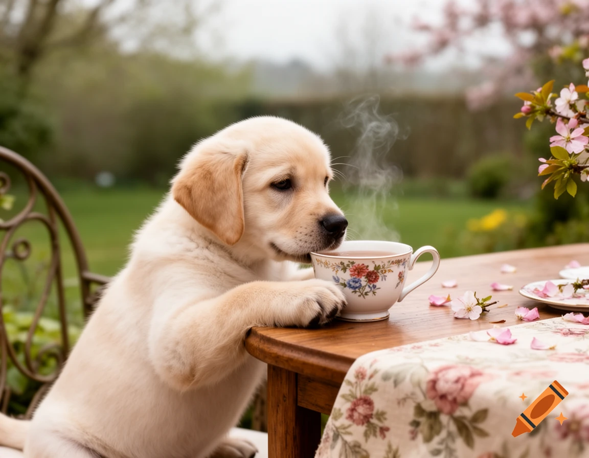 A cute golden labrador puppy with paws on a wooden table, sniffing a steaming floral teacup in a spring garden.