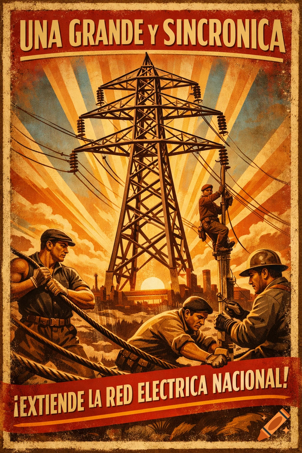 Vintage-style propaganda poster depicting workers installing power lines and a large electricity pylon against a sunrise backdrop, with text at the top and bottom.