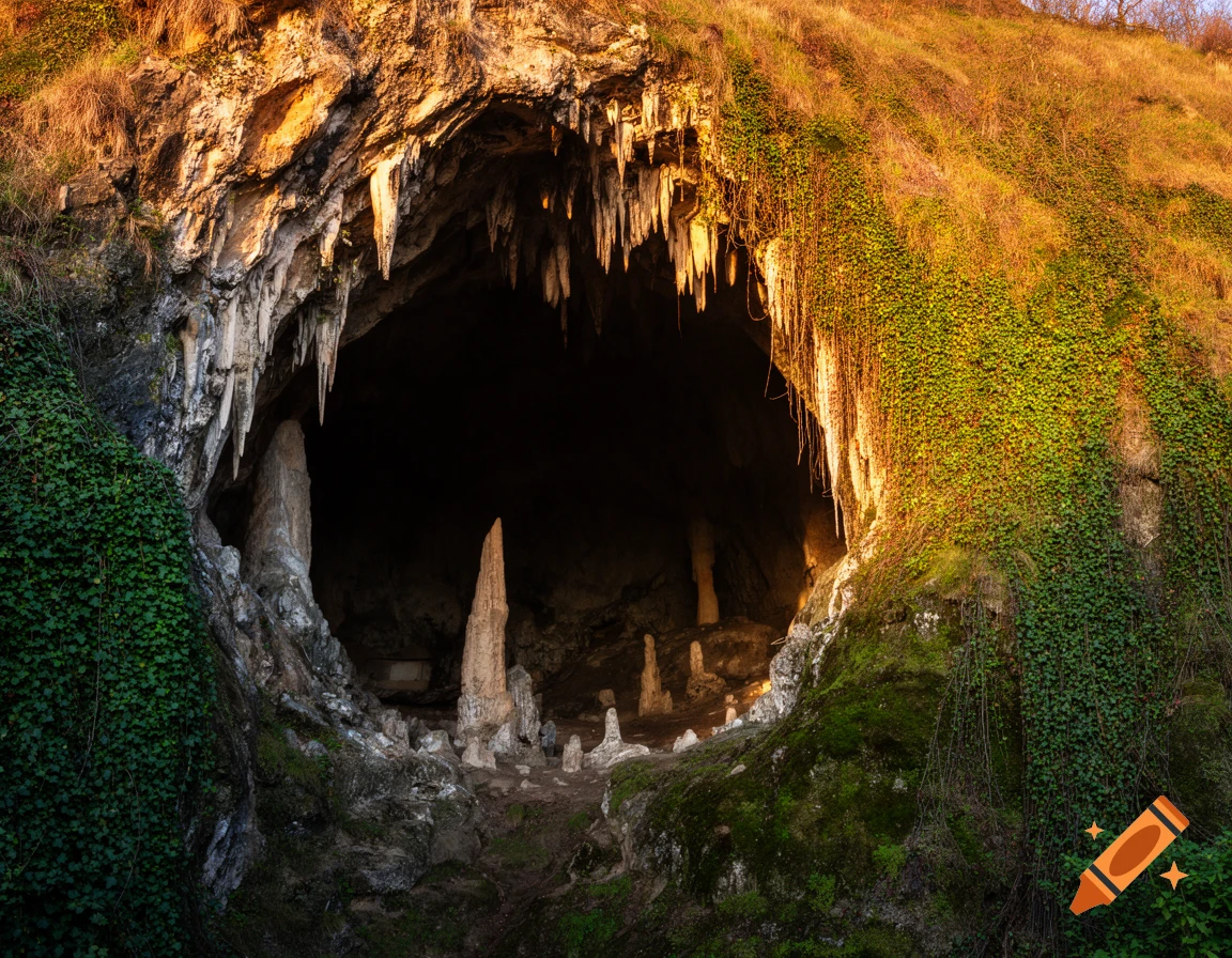 A photorealistic cave entrance with stalactites, stalagmites, and green ivy, lit by warm sunlight.