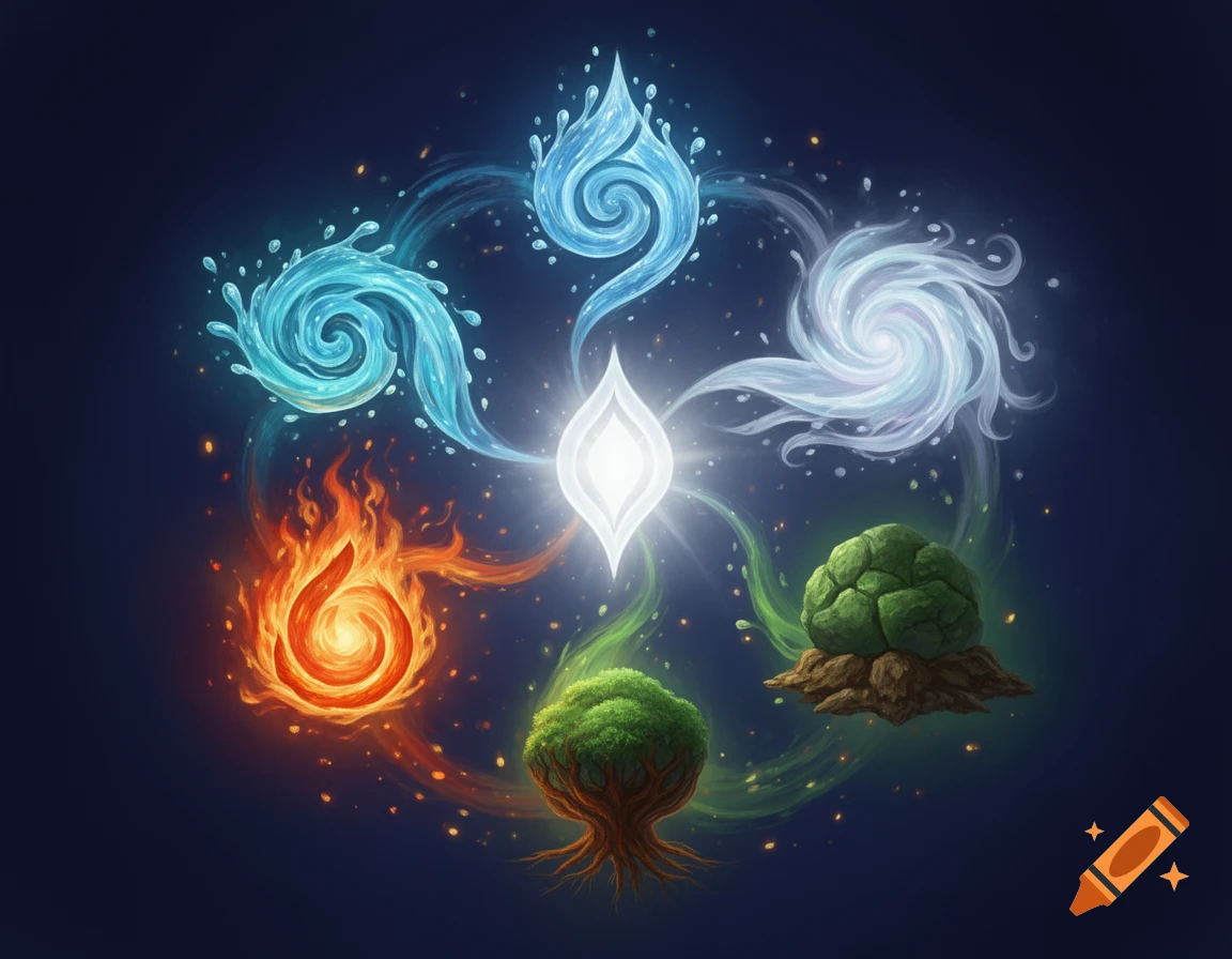 Stylized glowing symbols for water, air, fire, earth, and spirit arranged in a circle on a dark background.