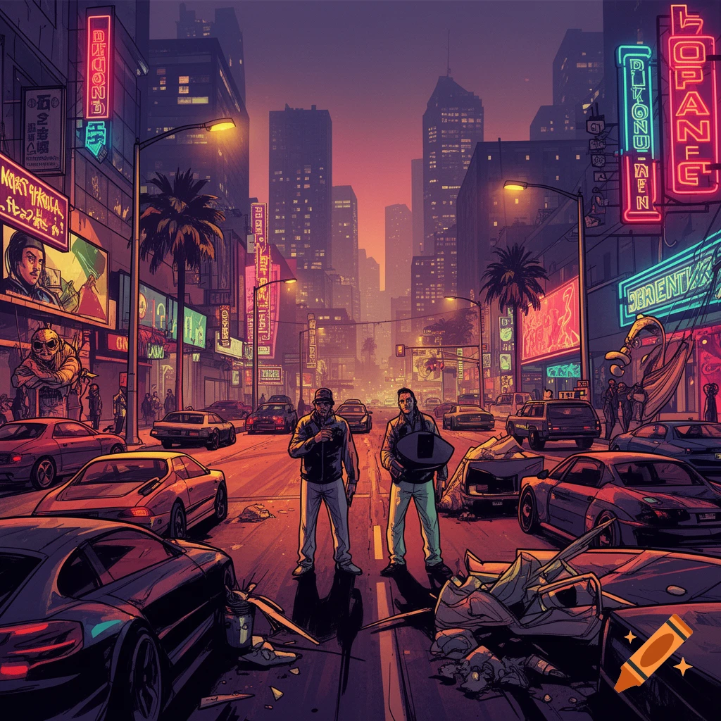 Two men stand amidst cars in a neon-lit city street, rendered in a Grand Theft Auto comic art style.