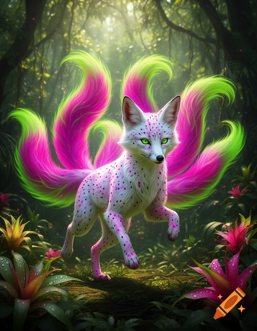 A white kitsune with pink spots and six bright pink and green tails, and glowing green eyes, stands in a lush jungle, digital art.