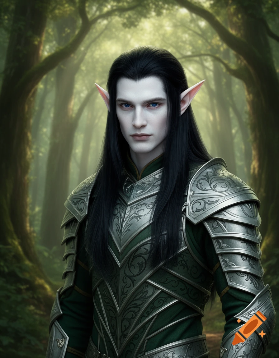 A photorealistic portrait of an elf male with pale skin, long black hair, and blue eyes, wearing elaborate silver and green armor in a forest.