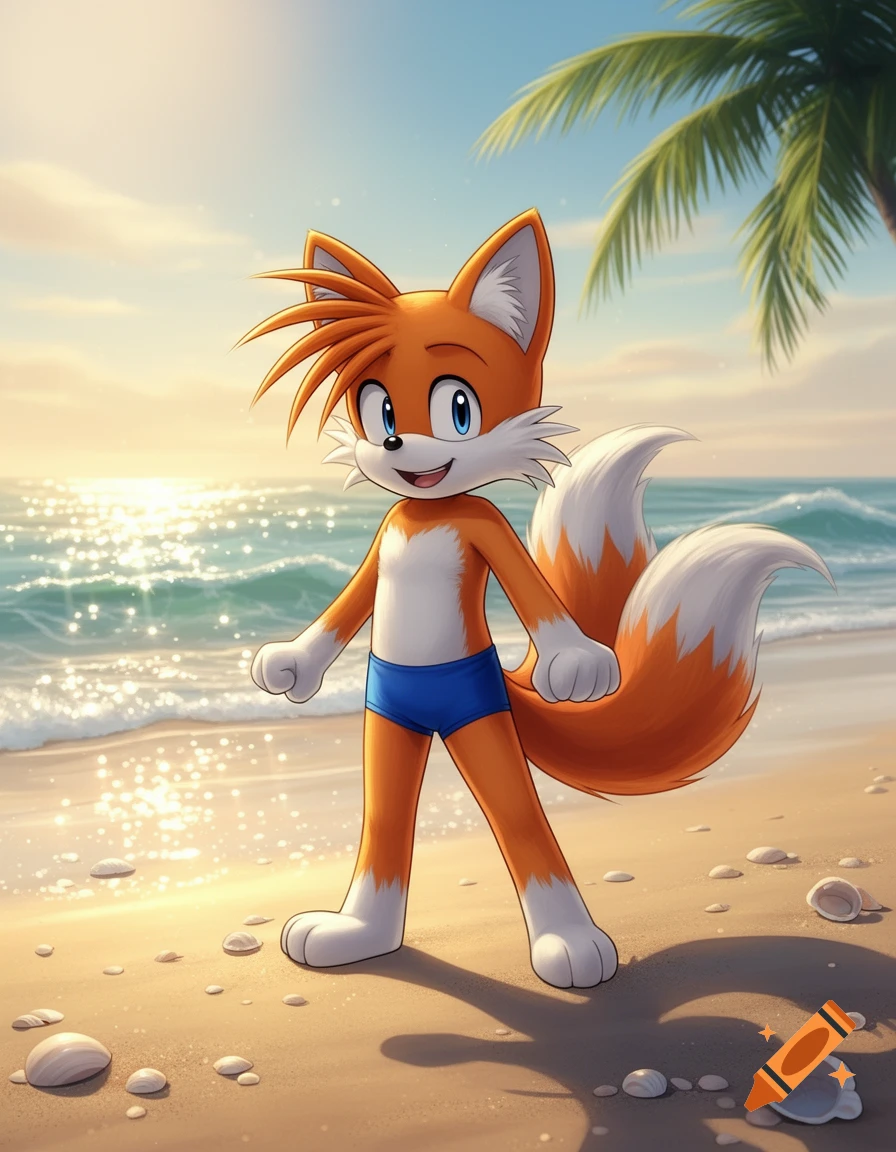 Cartoon fox character, Tails, wearing blue swim briefs on a sunny beach, with sparkling ocean waves and a palm tree.