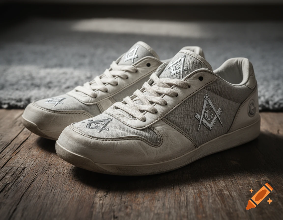 A pair of worn, off-white sneakers with silver Masonic compass and square symbols, resting on a wooden floor.