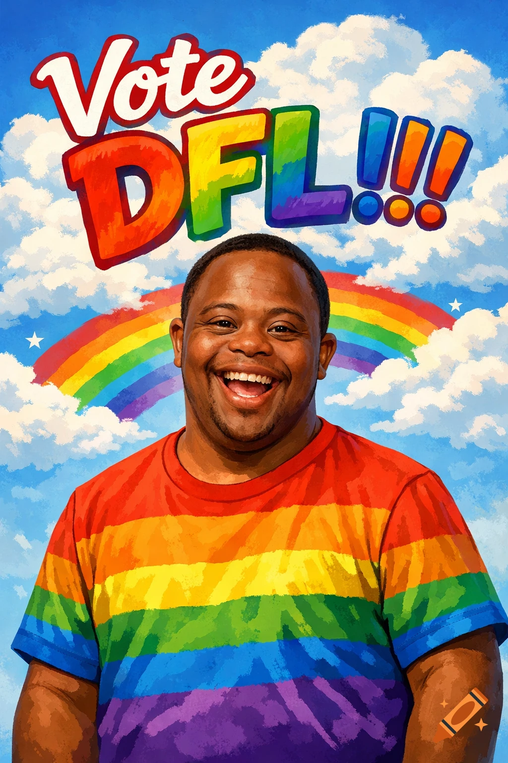 Illustrated poster of a smiling black man with Down syndrome in a rainbow shirt, against a sky with a rainbow and "Vote DFL!!!" text.