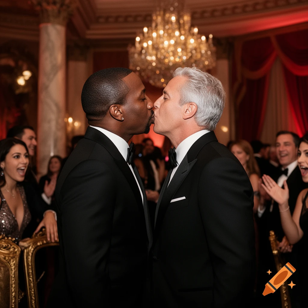 Two men in tuxedos kiss at a formal event, with a cheering crowd in the background and a chandelier above.