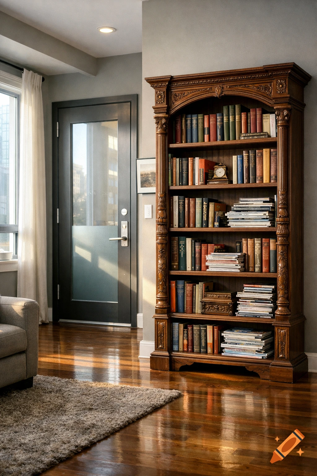 Photorealistic image of an ornate wooden bookcase filled with books next to a modern door, sunlight reflecting on a polished wooden floor.