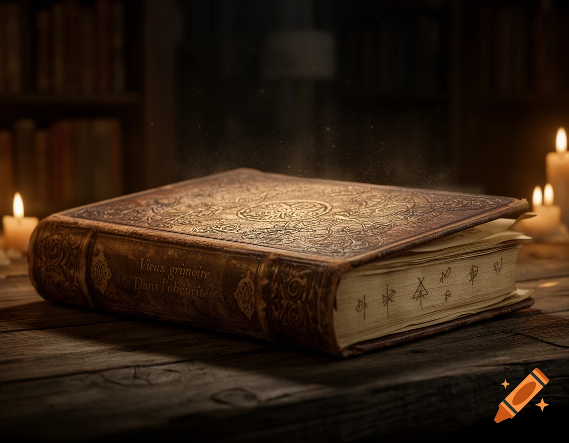 An old, ornate grimoire with glowing symbols open on a wooden table, surrounded by lit candles in a dark library.