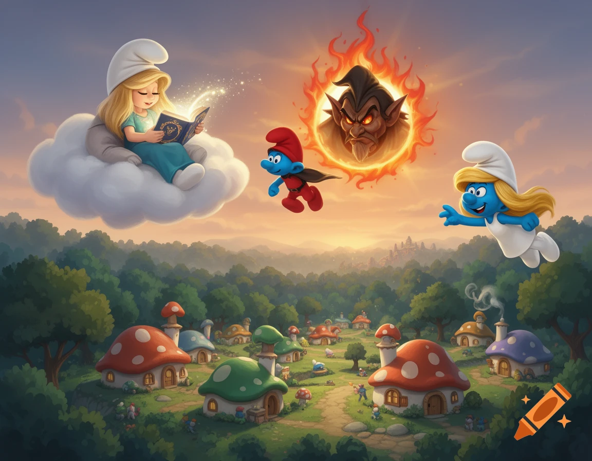 A Smurf-like girl reads on a cloud over a mushroom village. Flying Smurfs approach an angry, fiery face in the sunset sky.