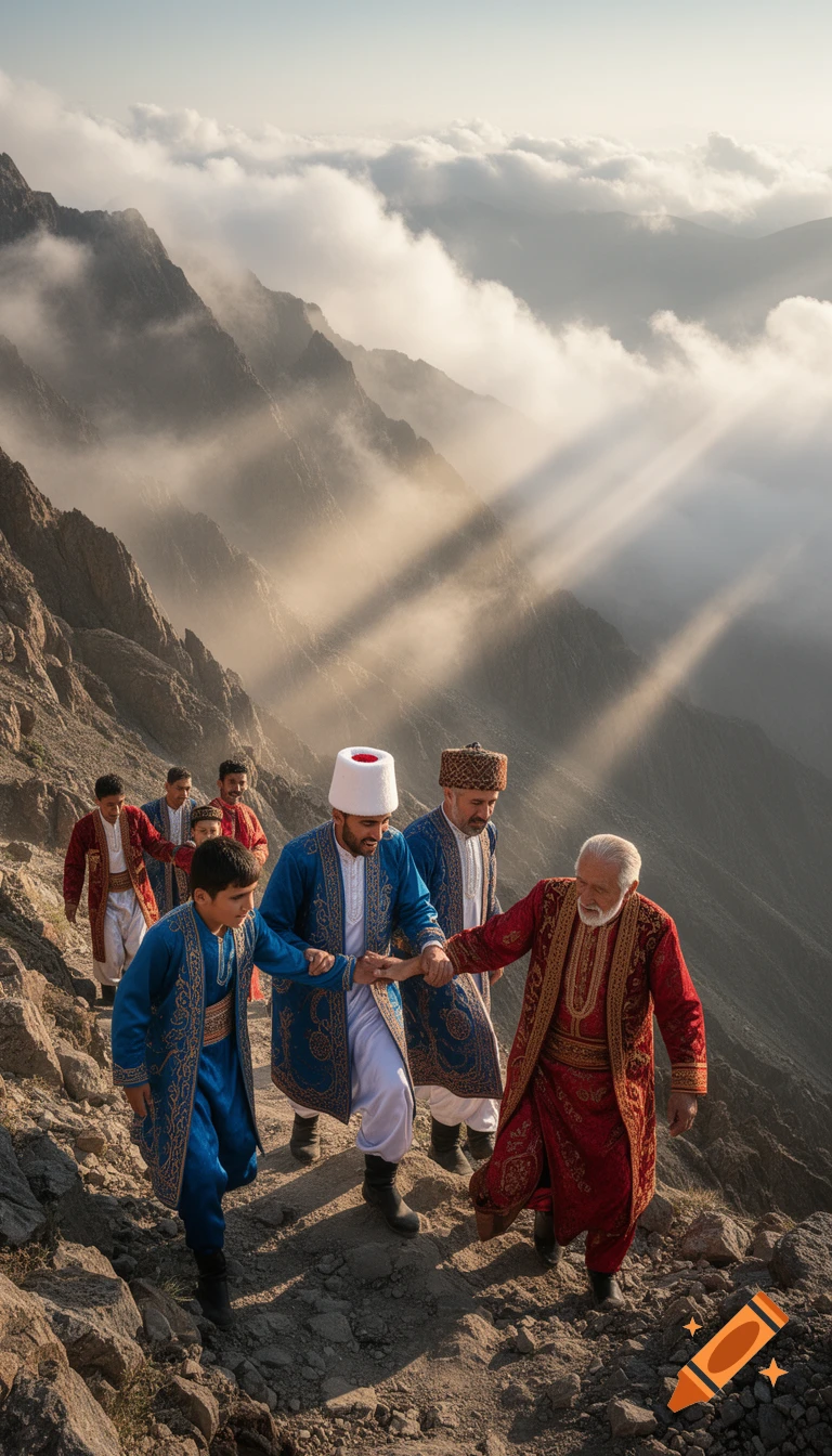 A group of Turkmen men and boys in traditional attire climb a rocky mountain path through mist and sun rays.