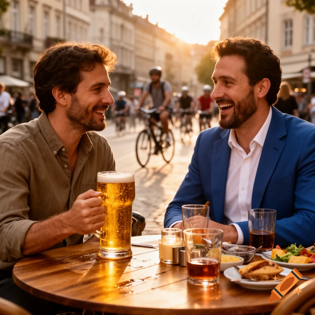 Two smiling men, one holding a beer, enjoy a meal at an outdoor cafe on a sunny street with cyclists in the background.