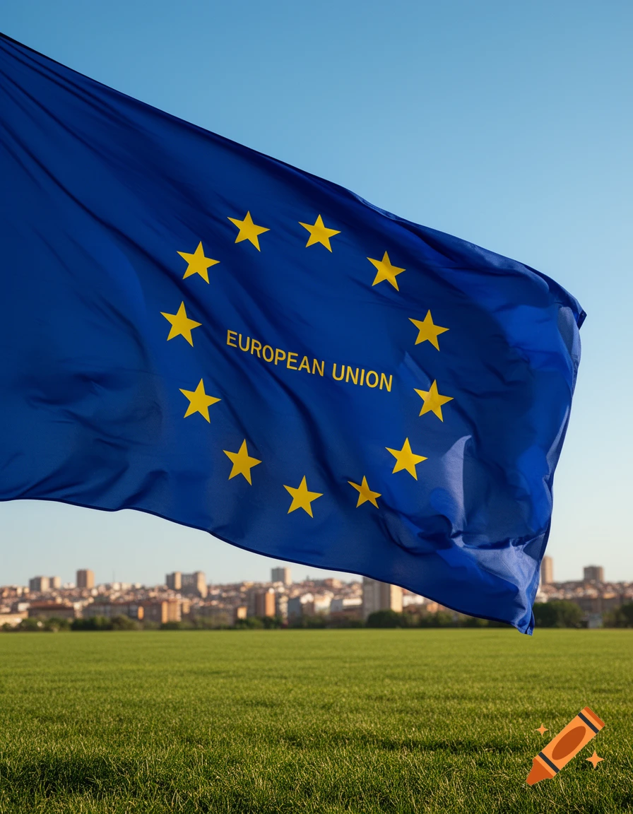 A waving European Union flag with 'EUROPEAN UNION' text against a clear blue sky, green field, and distant city.