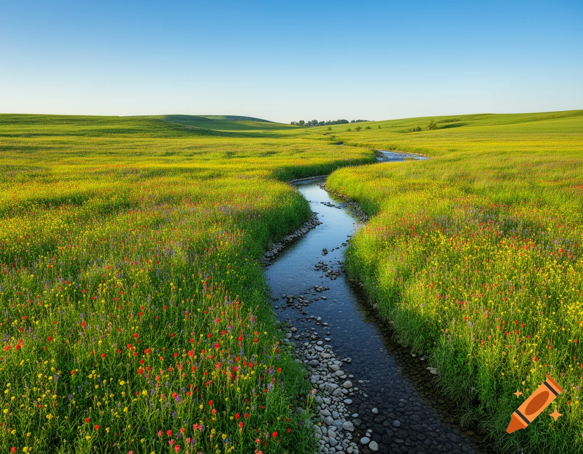A winding river flows through a vibrant green meadow dotted with red and yellow wildflowers under a clear blue sky.