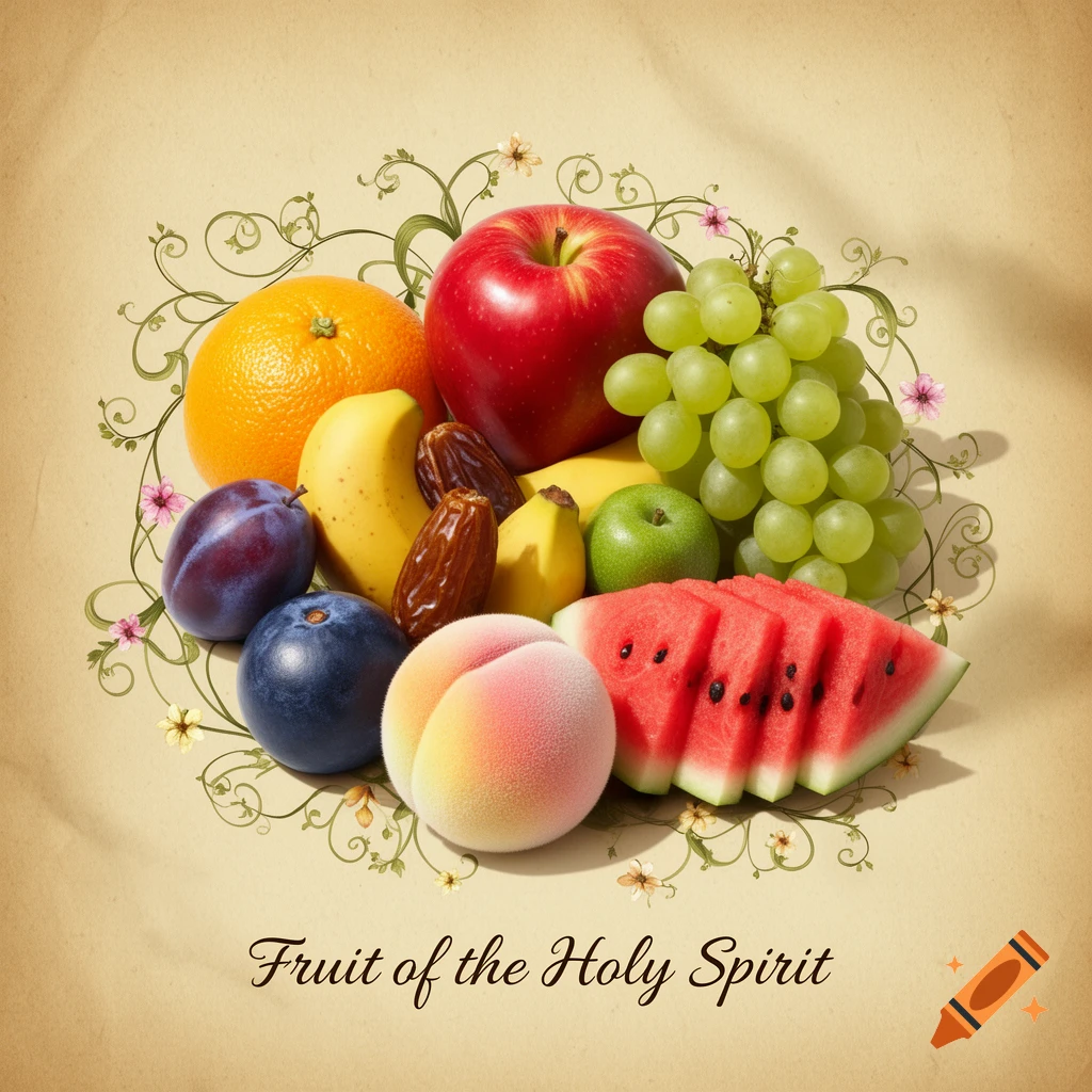 A vibrant still life of mixed fruits like apples, grapes, and watermelon on a vintage background with decorative vines, and the text 'Fruit of the Holy Spirit'.
