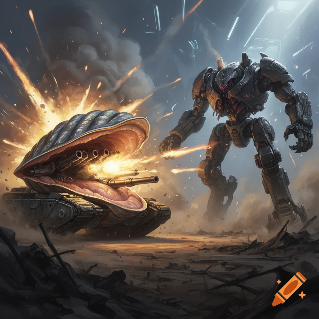 A giant clam-shaped tank with cannons inside battles a massive Doom Walker robot in an epic, futuristic war scene with explosions.