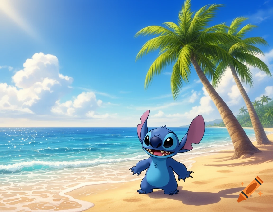 A cheerful blue Stitch stands on a sunny tropical beach with palm trees and blue ocean waves.