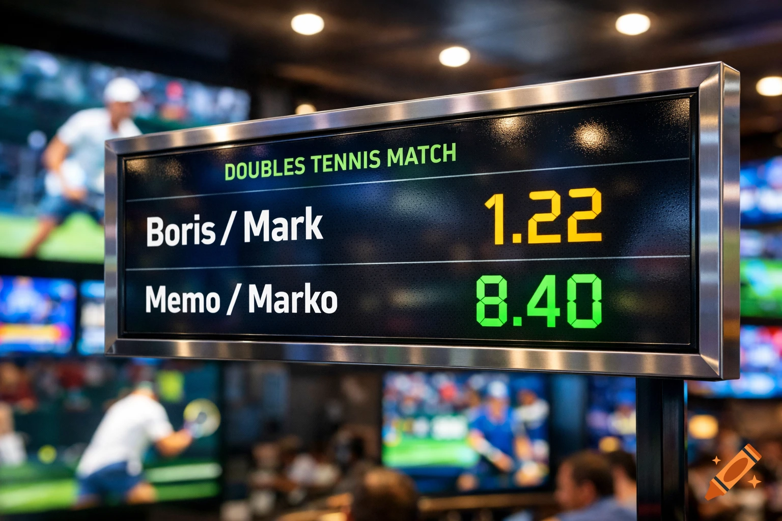 A close-up of a digital scoreboard displaying "DOUBLES TENNIS MATCH" with betting odds for "Boris / Mark" at 1.22 and "Memo / Marko" at 8.40, set against a blurred background of a sports bar with other screens and people.