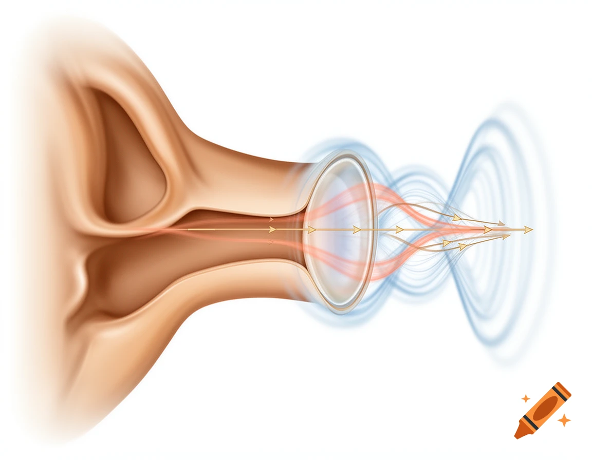 An anatomical illustration of an ear canal leading to an eardrum, showing sound waves and arrows indicating vibrations.