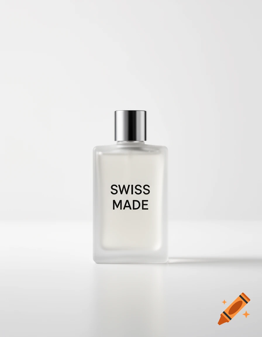 A minimalist product shot of a frosted rectangular bottle with a silver cap, labeled 'SWISS MADE', against a white background.