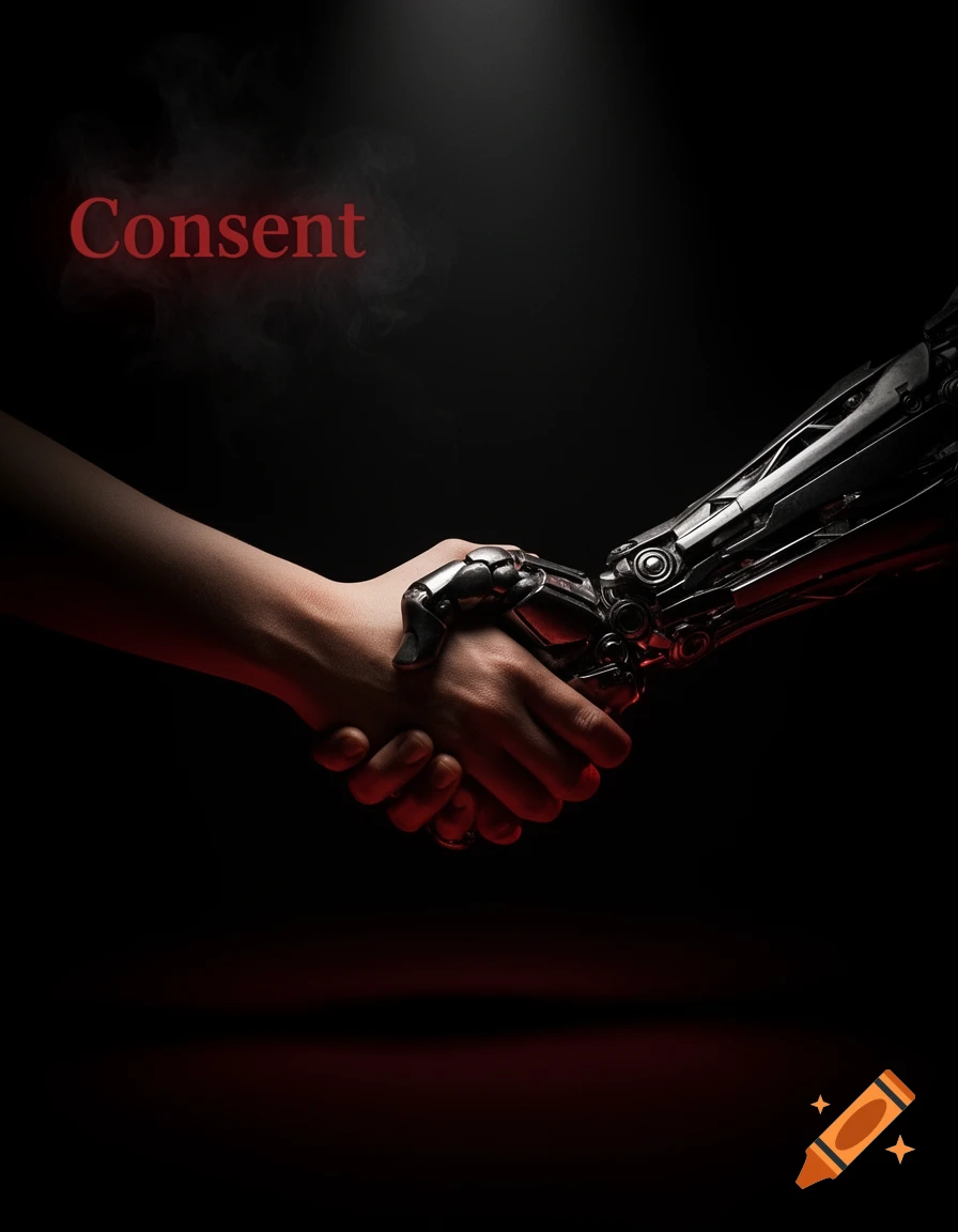 A human hand shakes a robotic hand against a dark background with red lighting, with the word 'Consent' floating above.