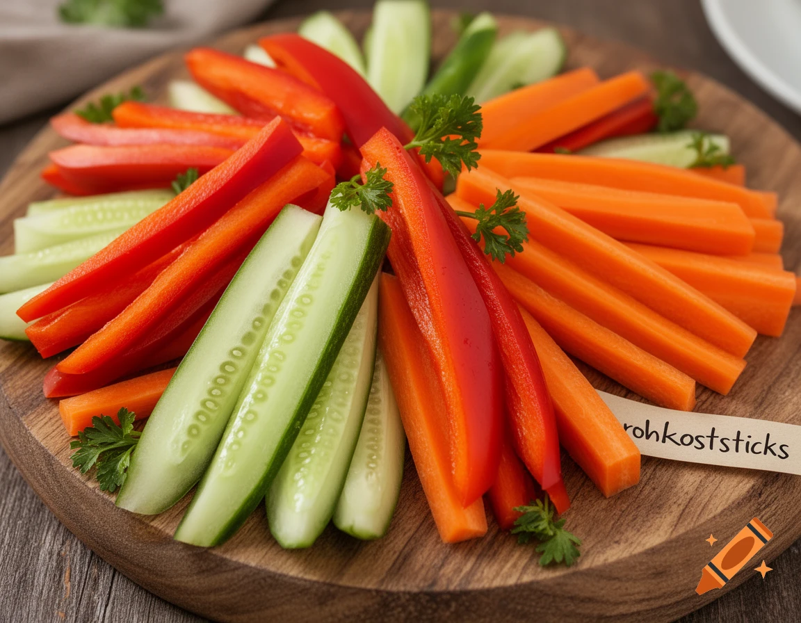 Assortment of cut red bell pepper, cucumber, and carrot sticks on a wooden board with a 'rohkoststicks' label.