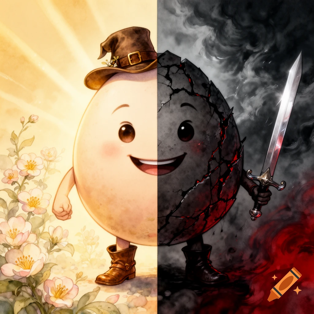 A stylized image of Humpty Dumpty split down the middle. The left half is cheerful in a sunny field of flowers, while the right half is a cracked, dark warrior with a sword amidst a stormy, blood-red background.