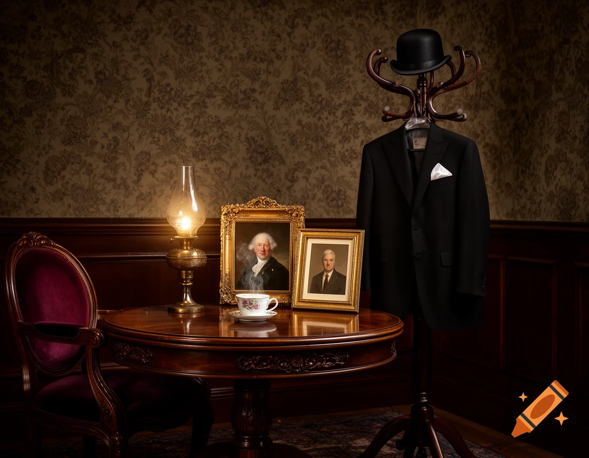 A dimly lit Victorian room with a round wooden table, a red velvet chair, an oil lamp, a coat rack with a black suit and bowler hat, and two framed portraits.