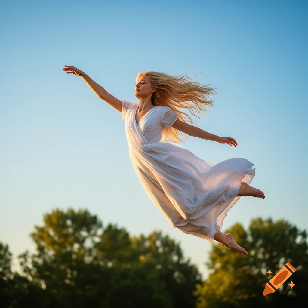A blonde woman in a white dress floats gracefully against a clear blue sky, with trees visible in the background.