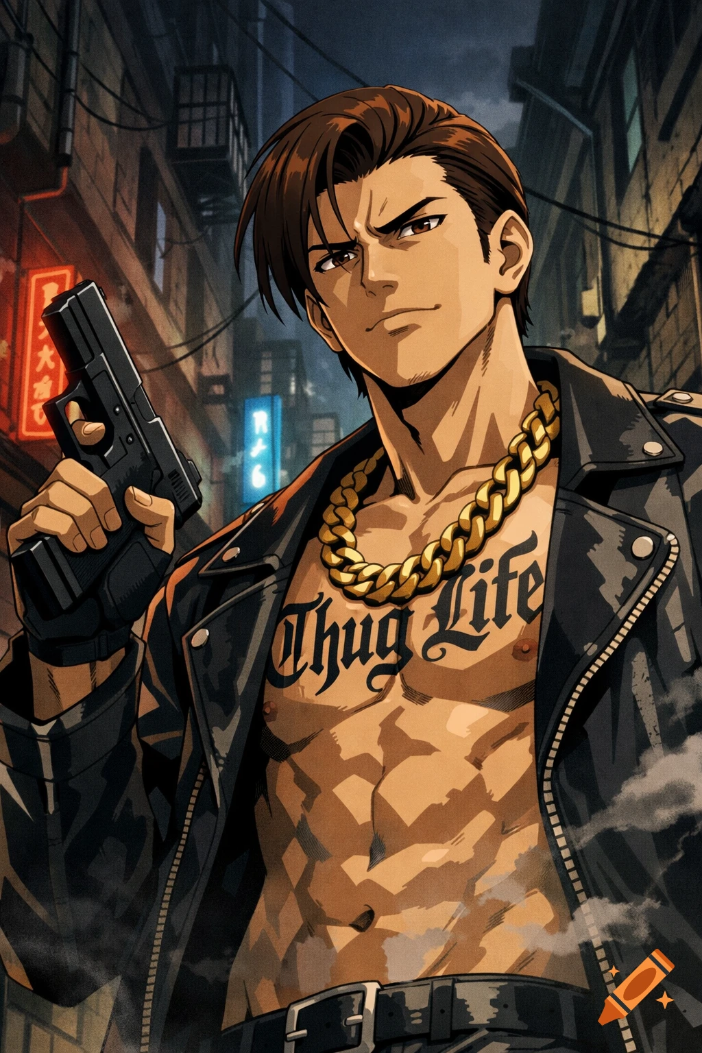 Anime-style man in a leather jacket and gold chain, with a 'Thug Life' chest tattoo, holding a pistol in a neon-lit urban alley.