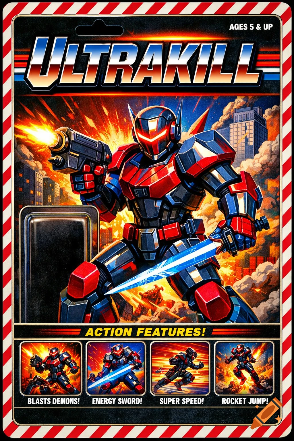 A retro-styled action figure package for ULTRAKILL, featuring a red and blue robot with a gun and glowing sword amidst an explosion-filled city. Various action features are listed below.
