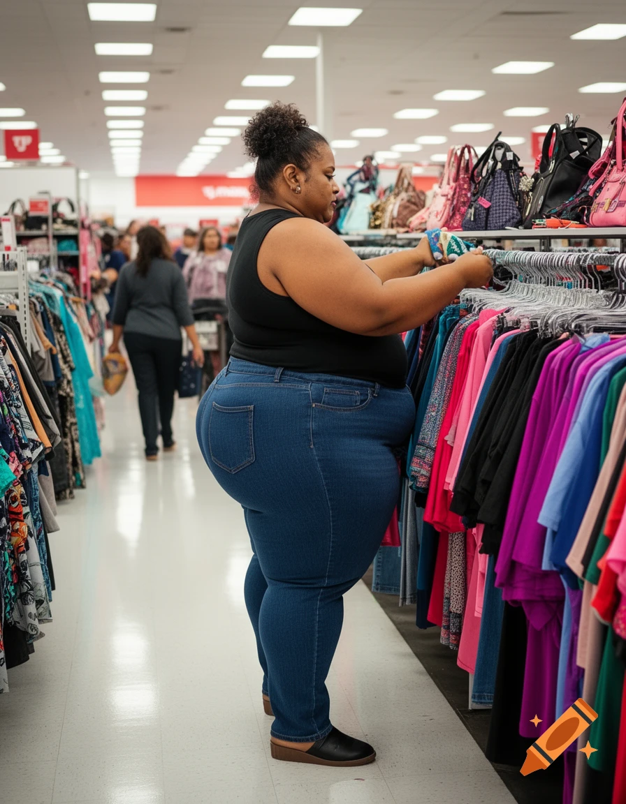 A large woman in a black tank top and blue jeans shops for clothes, looking at a rack of colorful garments in a brightly lit store.