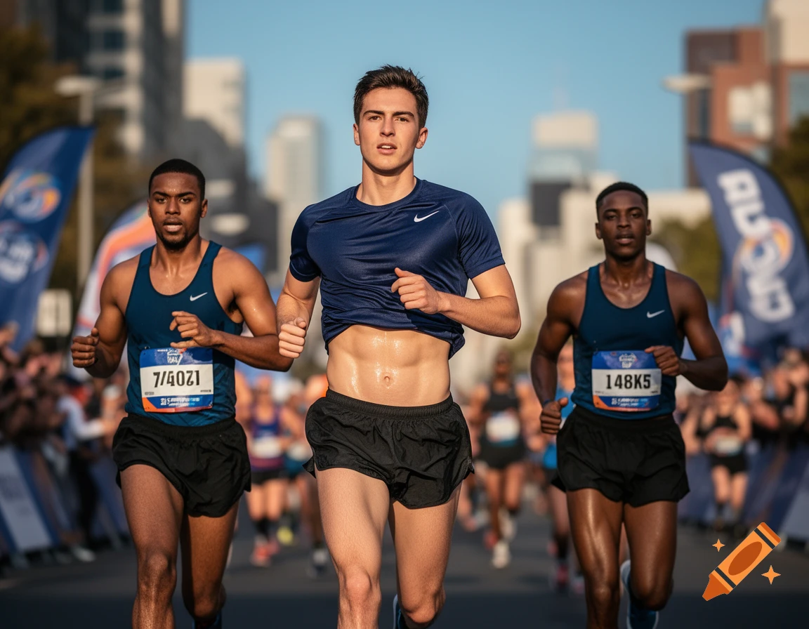 Three male runners in a close-up shot during a race on a city street, with buildings and spectators blurred in the background. The central runner has his shirt slightly lifted, showing his abs.