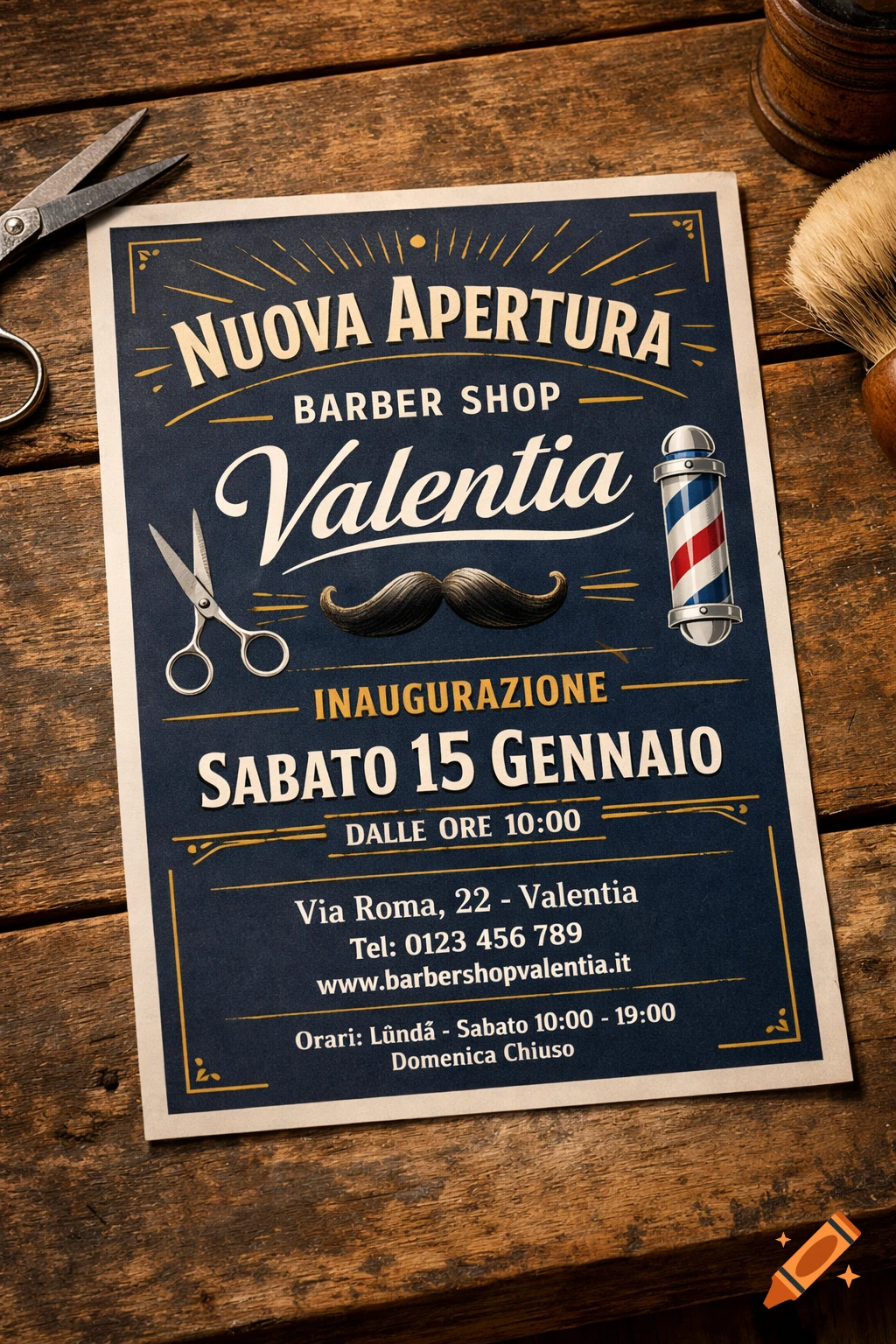 A photorealistic vintage-style flyer for "Valentia Barber Shop" on a wooden table, featuring text for a new opening, icons of scissors, a mustache, and a barber pole.