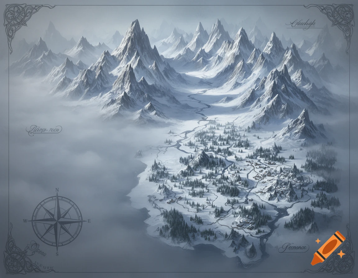 Detailed fantasy world map showing snow-covered mountains, a valley ...