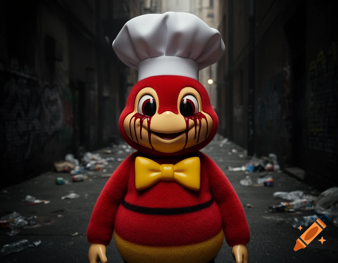 A photorealistic Jollibee mascot with blood dripping from its eyes and mouth, standing in a dark, trash-strewn alley.