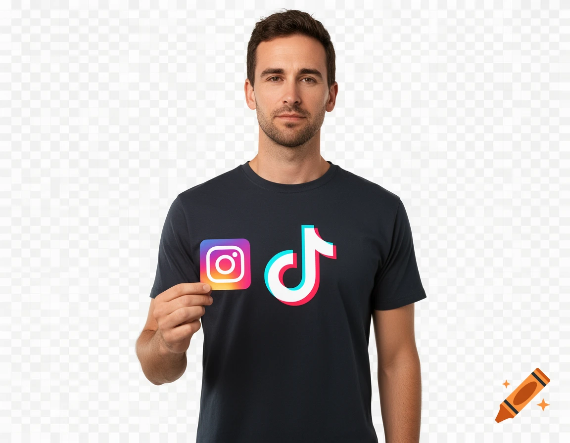 Man in a black t-shirt with a TikTok logo holding an Instagram logo in front of a transparent background.