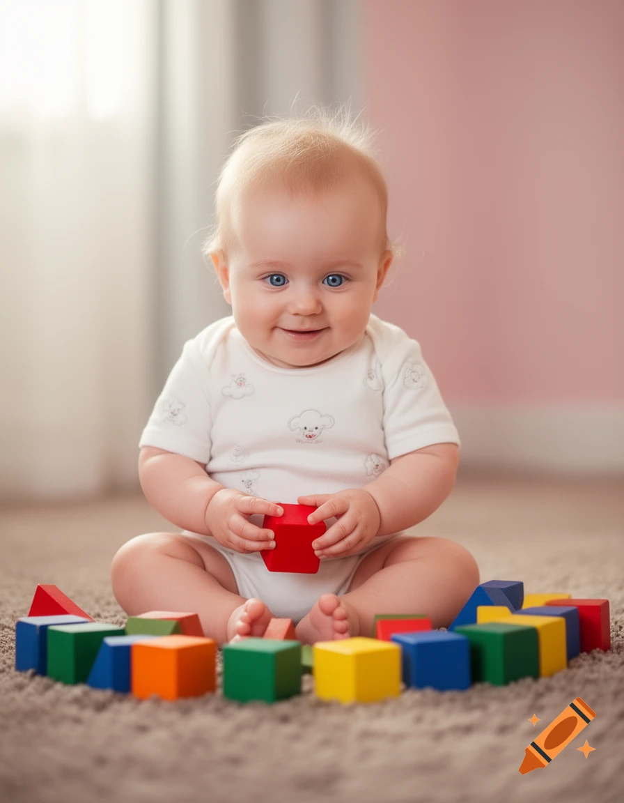 A smiling baby with blue eyes sits on a rug, holding a red block, surrounded by colorful wooden blocks.