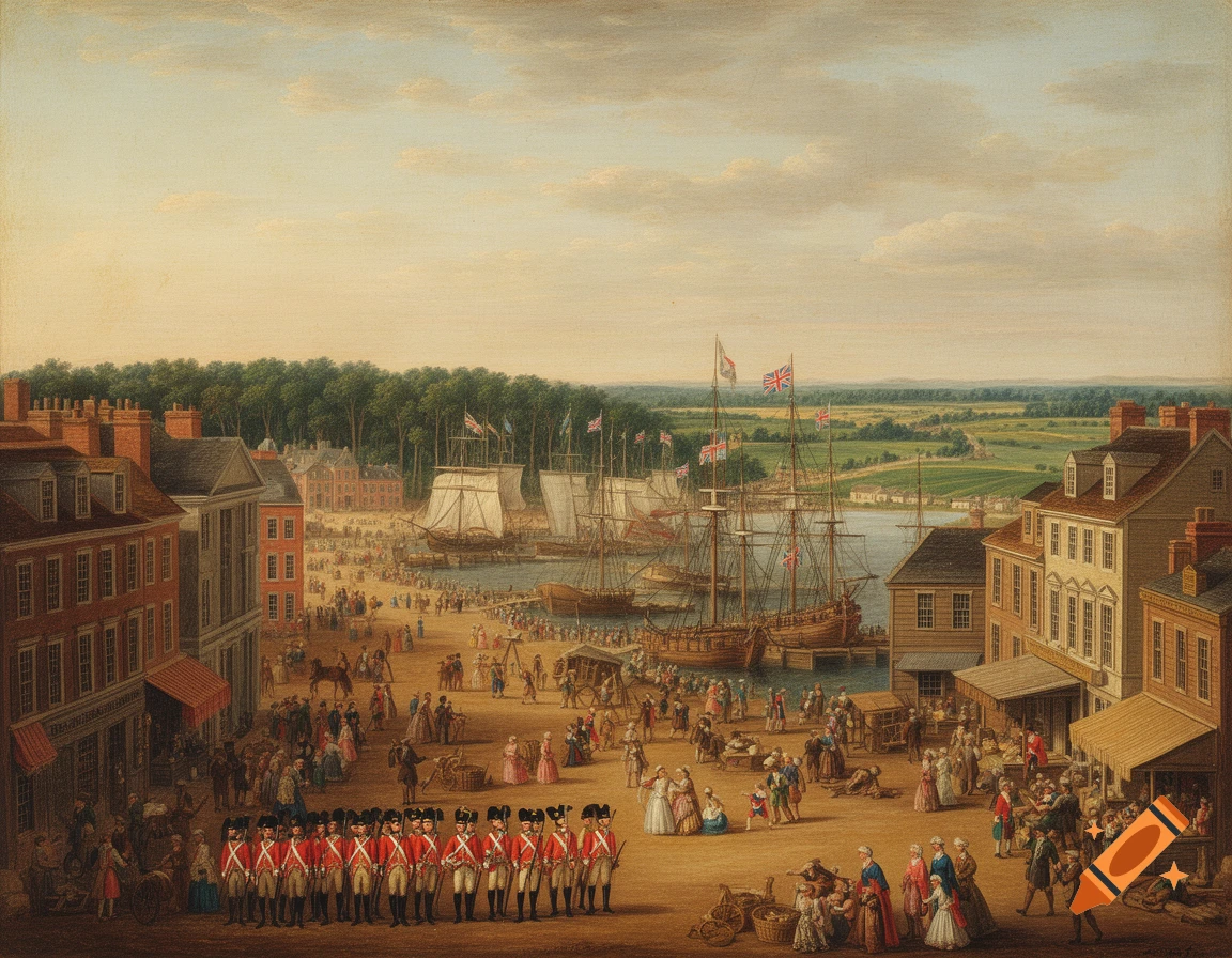 An oil painting of a bustling colonial port in British America with ships, marching soldiers, and many people.